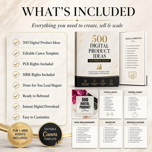 500 Digital Product Ideas | DFY Canva Templates | PLR & MRR